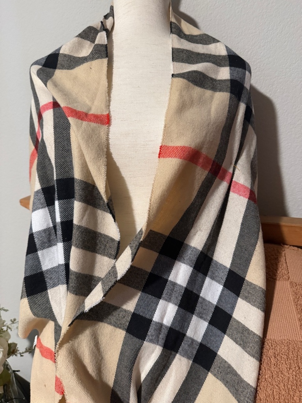 Classic Plaid Cozy Blanket Scarf - Neutral Tones with Red Accent